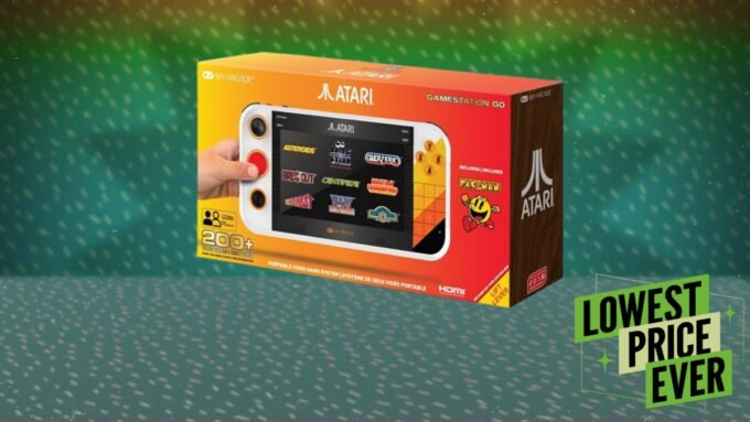 My Arcade Atari Gamestation Go handheld console displaying classic games like Pac-Man