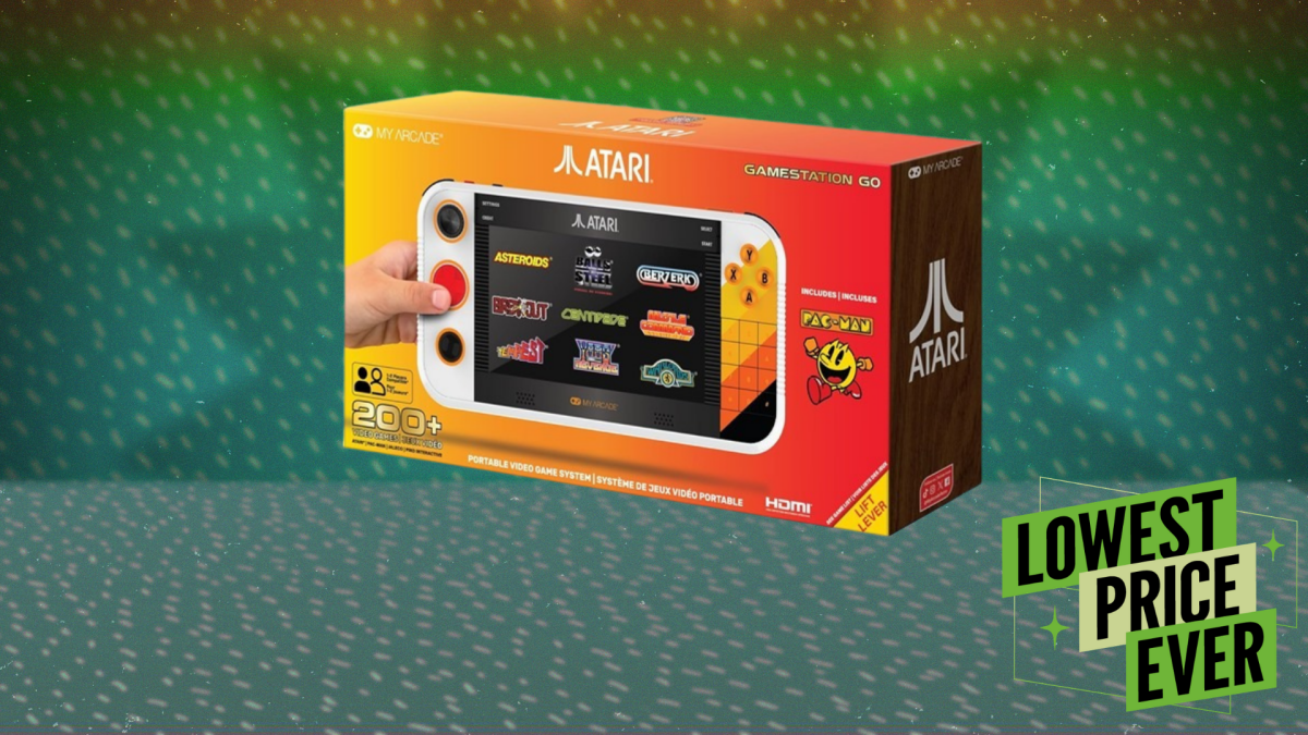 My Arcade Atari Gamestation Go handheld console displaying classic games like Pac-Man