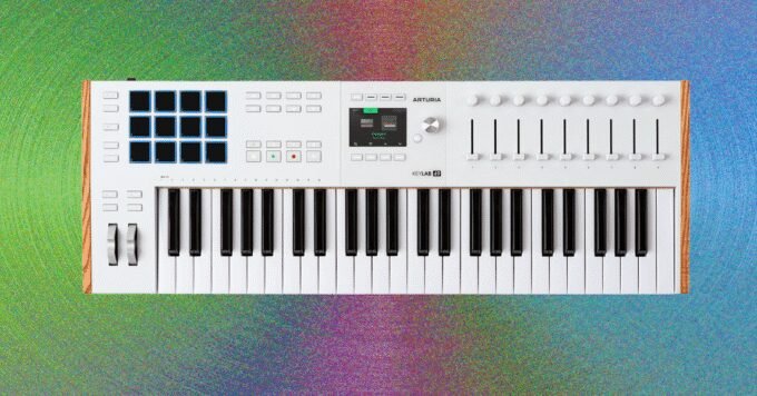 A diverse selection of modern MIDI keyboards and controllers for music production and performance.