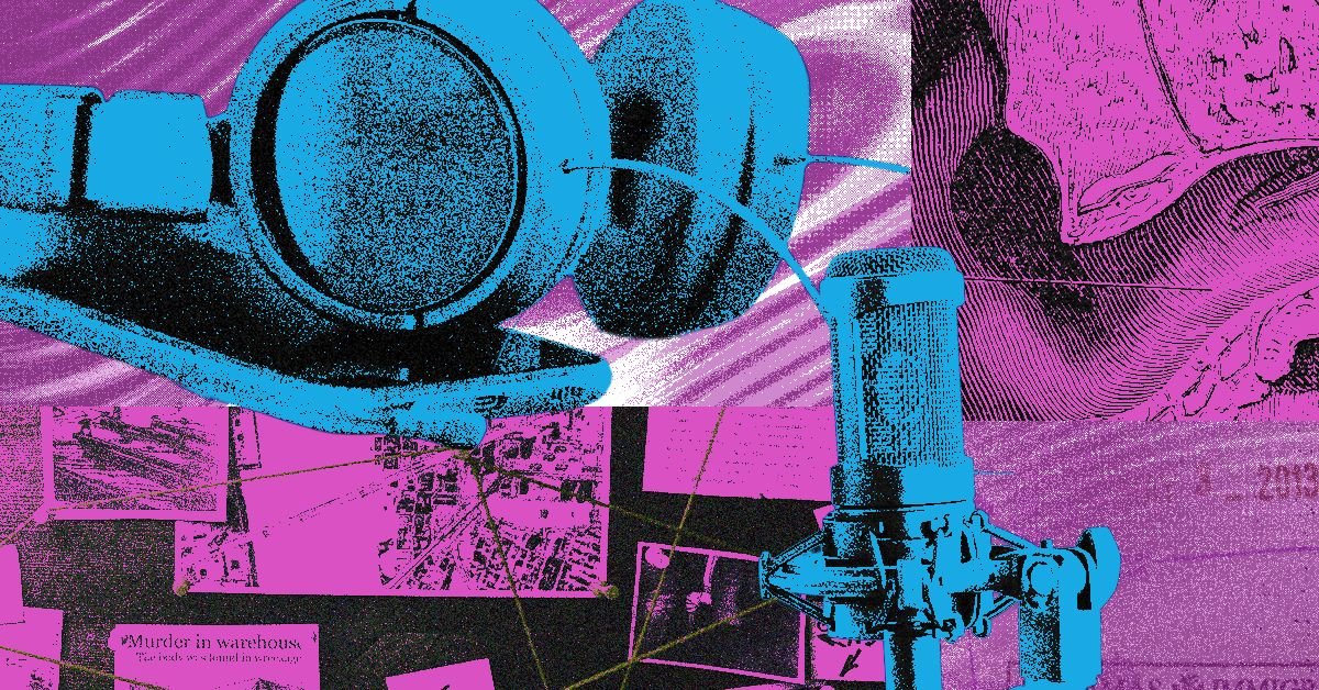 A diverse collection of podcast icons and headphones, symbolizing the vast world of audio content.