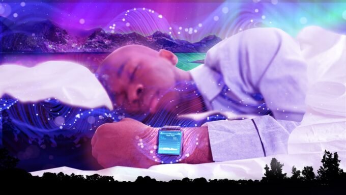 A composite image featuring various sleep trackers like the Whoop band and Oura ring, symbolizing advanced sleep monitoring technology.