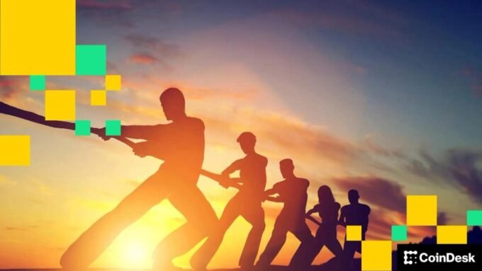 Illustration of Bitcoin logo with data streams, symbolizing the debate over its blockchain's use.