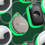 A collection of Bluetooth trackers, including Apple AirTag, Tile Pro, and Pebblebee devices, arranged around a smartphone showing a tracking app interface.