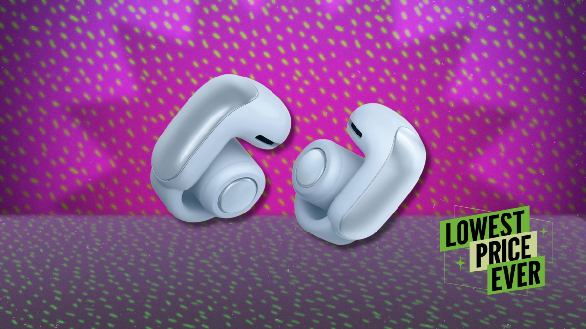 Bose Ultra Open Earbuds in their charging case, showcasing their unique open-ear design and sleek aesthetic.