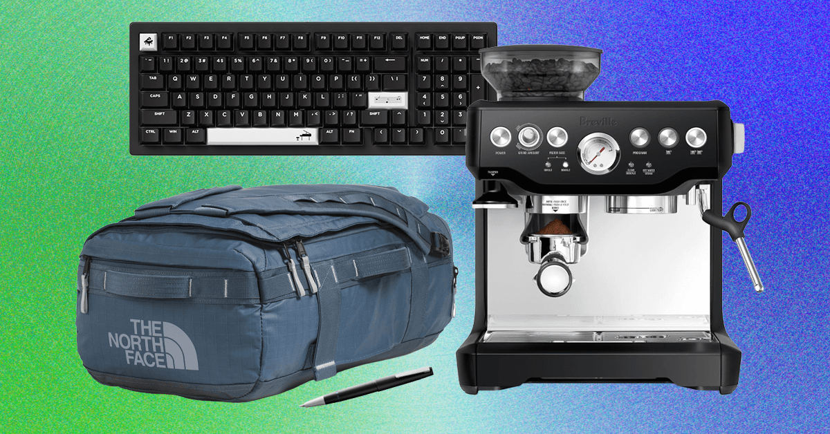 A collection of durable 'Buy It for Life' kitchen products including a chef's knife, cutting board, and glassware.