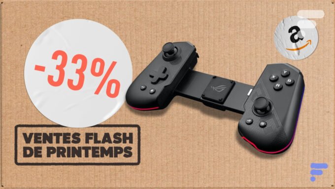 La manette pliable Asus ROG Tessen Mobile Controller, ouverte avec un smartphone inséré, et une vue de la manette repliée pour illustrer sa compacité et son design élégant avec éclairage RGB.