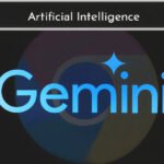 Illustration of a malicious browser extension icon hovering over the Google Chrome Gemini AI panel, with data flowing out, symbolizing a security vulnerability.