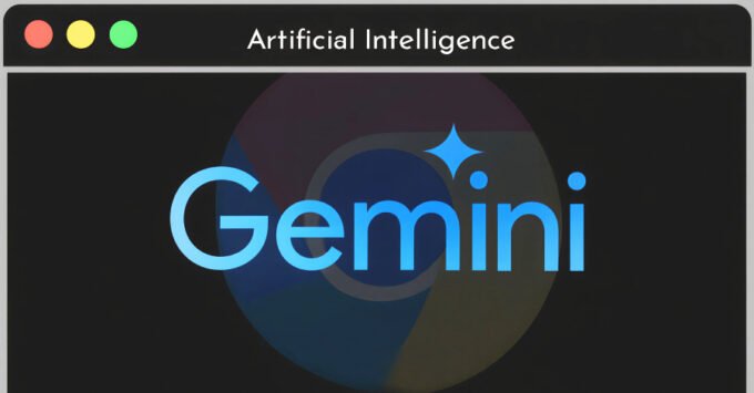 Illustration of a malicious browser extension icon hovering over the Google Chrome Gemini AI panel, with data flowing out, symbolizing a security vulnerability.