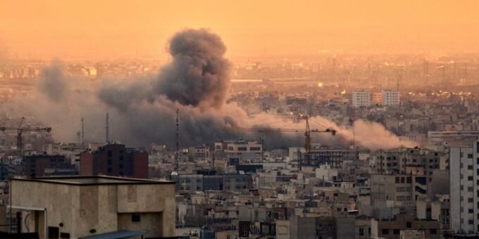 An illustration of drones attacking a data center facility, symbolizing the physical threats to cloud computing infrastructure in the Middle East.