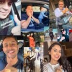 Un groupe d'influenceurs souriants interagissant avec des produits de marque lors d'un événement, symbolisant le partenariat réussi entre créateurs de contenu et entreprises.