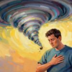 A person calmly reflecting amidst a chaotic background, symbolizing finding peace in conflict.