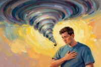 A person calmly reflecting amidst a chaotic background, symbolizing finding peace in conflict.