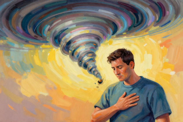 A person calmly reflecting amidst a chaotic background, symbolizing finding peace in conflict.