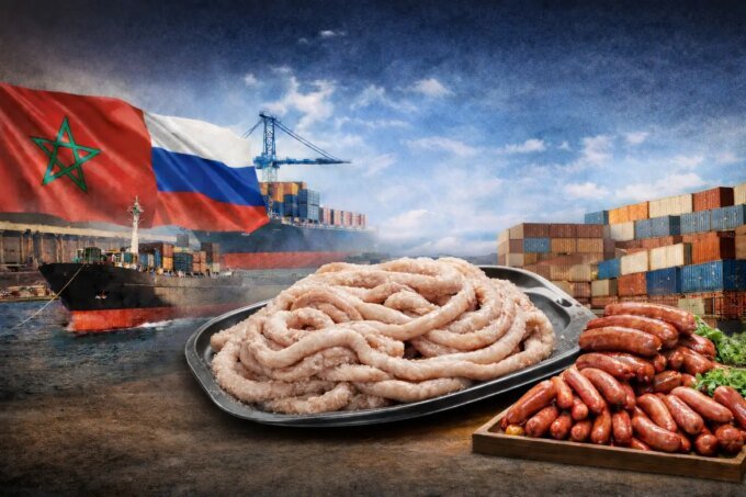 صورة توضيحية لعملية معالجة المصارين الحيوانية في وحدة صناعية بالمغرب، مع التركيز على الجودة والرقابة.