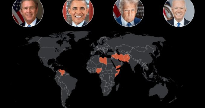 خريطة توضح الدول التي استهدفتها الولايات المتحدة بعمليات عسكرية منذ عام 2001.