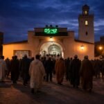 مصلون يتجهون إلى مسجد في الصباح الباكر، يرمز إلى الارتباك حول توقيت أذان الفجر بعد تغيير الساعة في المغرب.