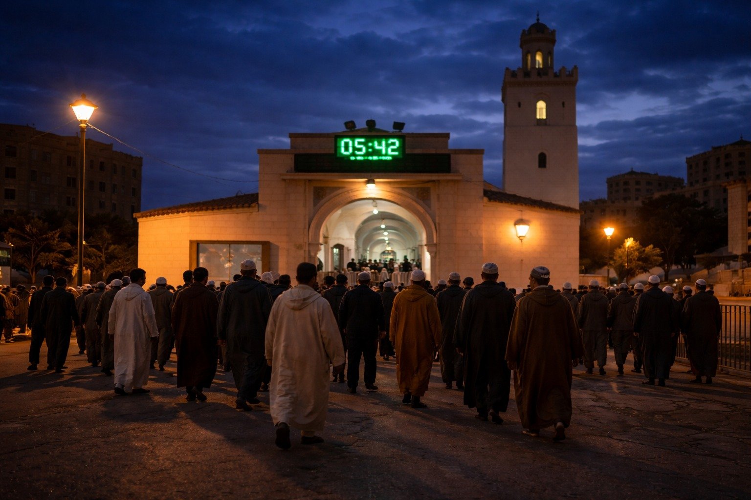 مصلون يتجهون إلى مسجد في الصباح الباكر، يرمز إلى الارتباك حول توقيت أذان الفجر بعد تغيير الساعة في المغرب.