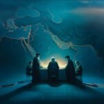 خريطة الشرق الأوسط تظهر مناطق النزاع الرئيسية مثل مضيق هرمز والعراق ولبنان، مع إبراز الأطراف المتصارعة.