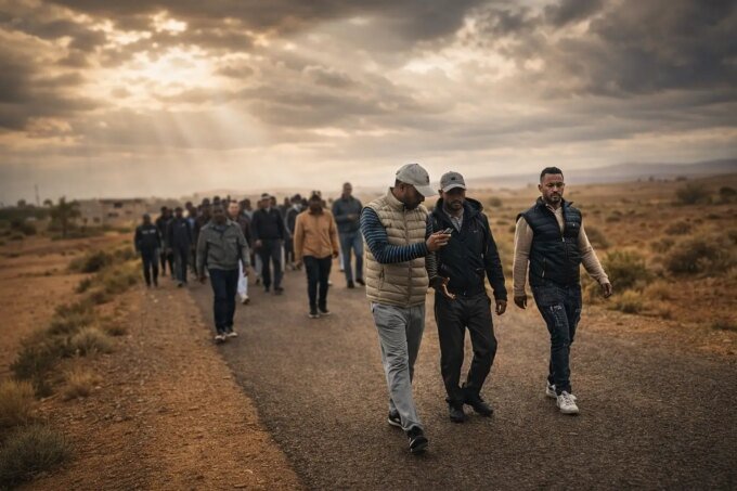 صورة لمحتجين في مسيرة سلمية بجماعة غريس السفلي يطالبون بتبسيط مساطر البناء.