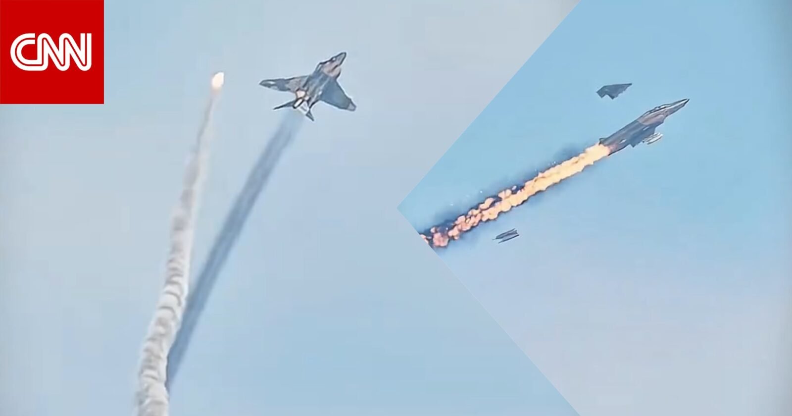 فيديو اعتراض صاروخ إيراني لمقاتلة إسرائيلية: حقيقة التضليل الرقمي 3 صورة لقطة شاشة لفيديو يظهر انفجار صاروخ قرب طائرة مقاتلة، تكشف التحقيقات أنه محتوى محاكاة مضلل.