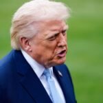Former U.S. President Donald Trump speaks to media before departing the White House.