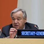 Antonio Guterres, Secrétaire général des Nations unies, lors d'une allocution sur les droits des femmes et l'égalité des genres.
