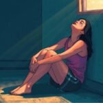 A person sitting amidst moving boxes, looking reflective or overwhelmed, with a ray of light symbolizing hope or a breakthrough.