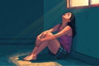 A person sitting amidst moving boxes, looking reflective or overwhelmed, with a ray of light symbolizing hope or a breakthrough.