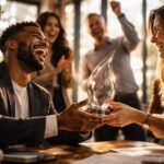 Cultivating Success: How High Morale Transforms Workplaces and Boosts Profits 4 A diverse team of employees smiling and collaborating in a modern office, symbolizing high morale and teamwork.