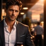 A determined entrepreneur looking forward, with abstract representations of mental strength and business infrastructure in the background.