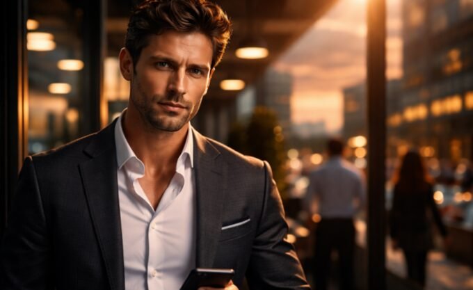 A determined entrepreneur looking forward, with abstract representations of mental strength and business infrastructure in the background.