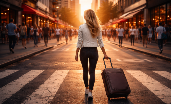 Person looking out at a new city skyline, symbolizing new beginnings and opportunities.