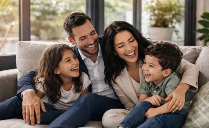 A happy family sharing a meal at home, emphasizing connection and well-being.