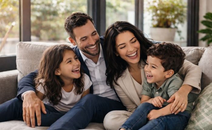 A happy family sharing a meal at home, emphasizing connection and well-being.