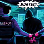 Illustration of global cybercrime crackdown with INTERPOL logo and digital threat symbols