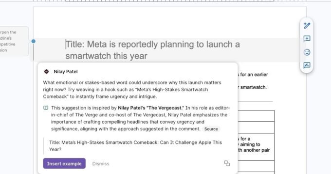 Screenshot of Grammarly's 'Expert Review' AI feature showing suggestions attributed to a named expert.