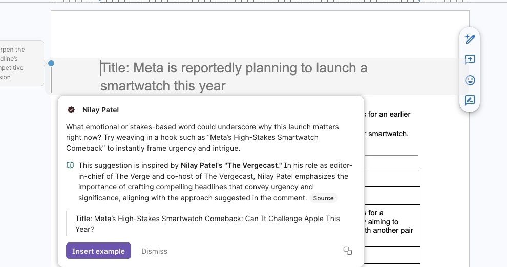 Screenshot of Grammarly's 'Expert Review' AI feature showing suggestions attributed to a named expert.