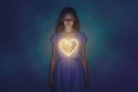 A woman looking strong and serene, with children playing safely in the background, symbolizing healing and resilience after escaping abuse.