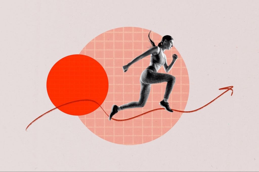 A conceptual image illustrating the growth of the healthspan and longevity market, with charts and healthy individuals.