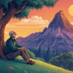 A person meditating peacefully amidst a vibrant, hopeful landscape, symbolizing hope without attachment.