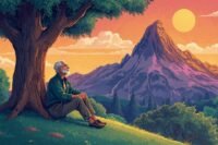 A person meditating peacefully amidst a vibrant, hopeful landscape, symbolizing hope without attachment.