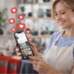 A person looking at an Instagram profile with a growing follower count, symbolizing a successful social media growth strategy for businesses.