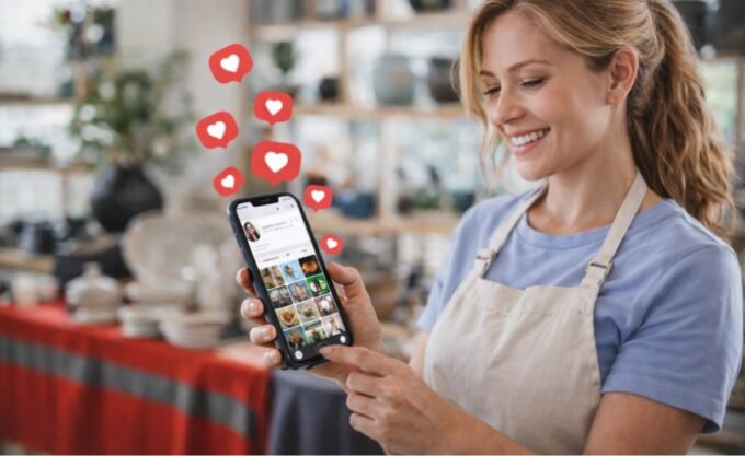 A person looking at an Instagram profile with a growing follower count, symbolizing a successful social media growth strategy for businesses.