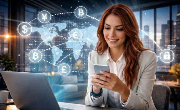 An abstract digital network illustrating money flowing across continents, symbolizing fast and efficient international transfers powered by technology.