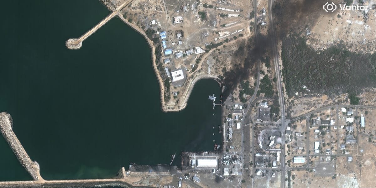 Satellite imagery showing damaged Iranian military installations, including drone hangars, naval docks, and radar arrays.