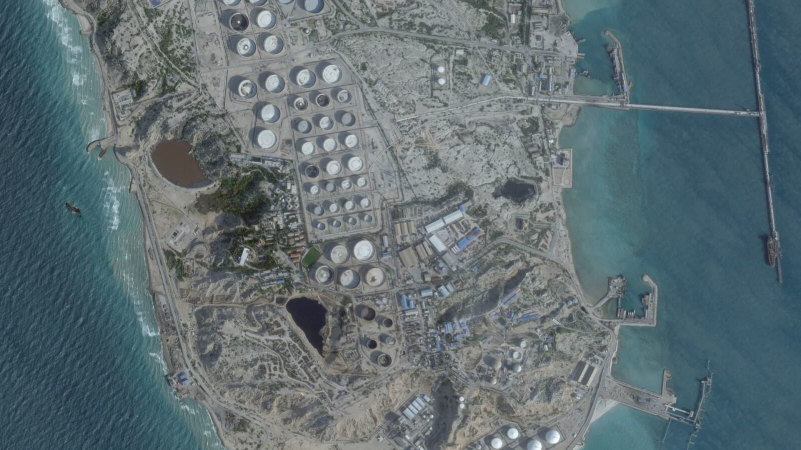 Satellite image showing an oil terminal on Iran's Kharg Island, a critical hub for the nation's crude exports.