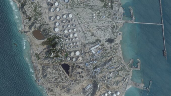 Satellite image showing an oil terminal on Iran's Kharg Island, a critical hub for the nation's crude exports.