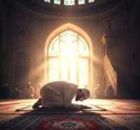 Une image abstraite ou symbolique représentant la soumission spirituelle, peut-être une silhouette humble devant une lumière divine ou des mains jointes en prière, évoquant la fondation et l'équilibre.