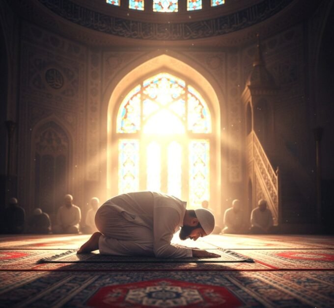 Une image abstraite ou symbolique représentant la soumission spirituelle, peut-être une silhouette humble devant une lumière divine ou des mains jointes en prière, évoquant la fondation et l'équilibre.