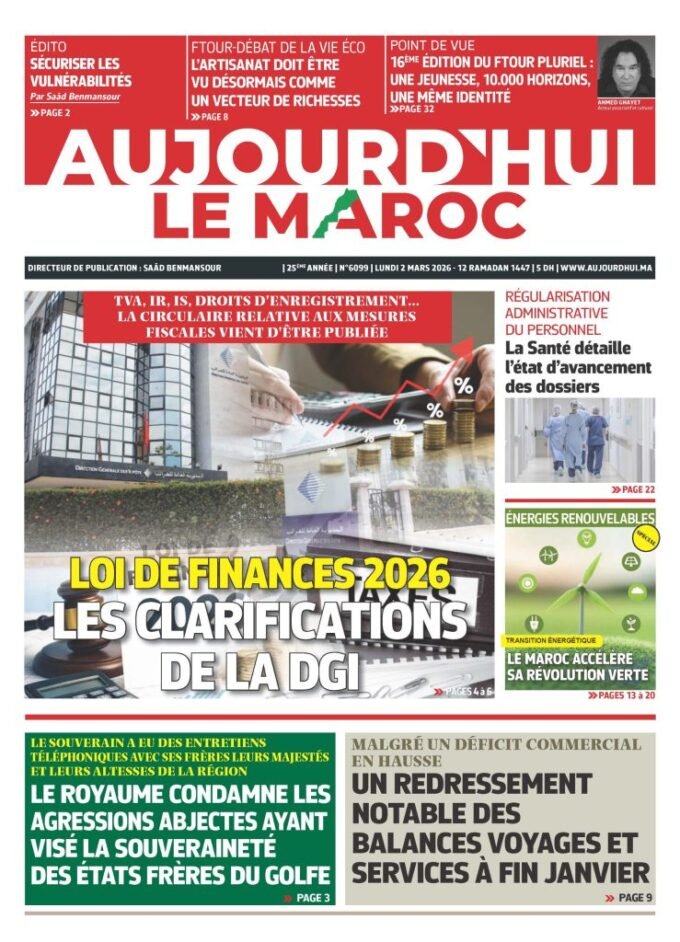 L'Édition du 2 Mars 2026 : Entre Enjeux Économiques, Santé et Diplomatie Royale 8 Image de couverture du journal électronique du 2 mars 2026, illustrant les thèmes de l'économie, la santé et la géopolitique.